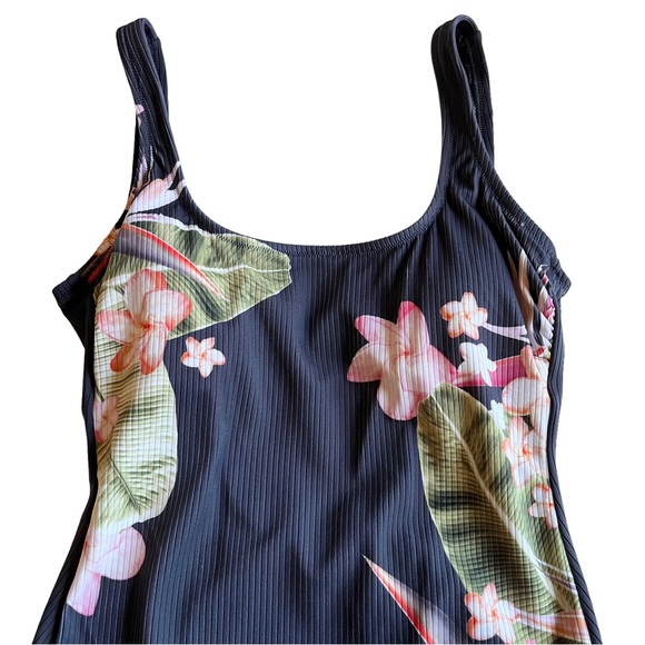 Kona Sol One Piece Swimsuit Women’s S Gray Ribbed Tropical Floral Palm Leaf - Picture 3 of 11